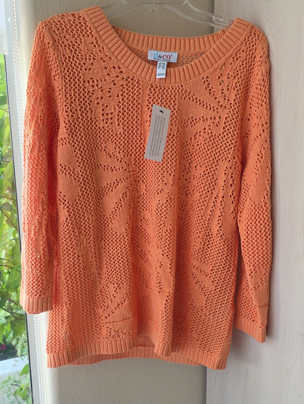 D & Co Orange Open Weave 3/4 Skeeve Cotton Machine Washable Light Weight Sweater